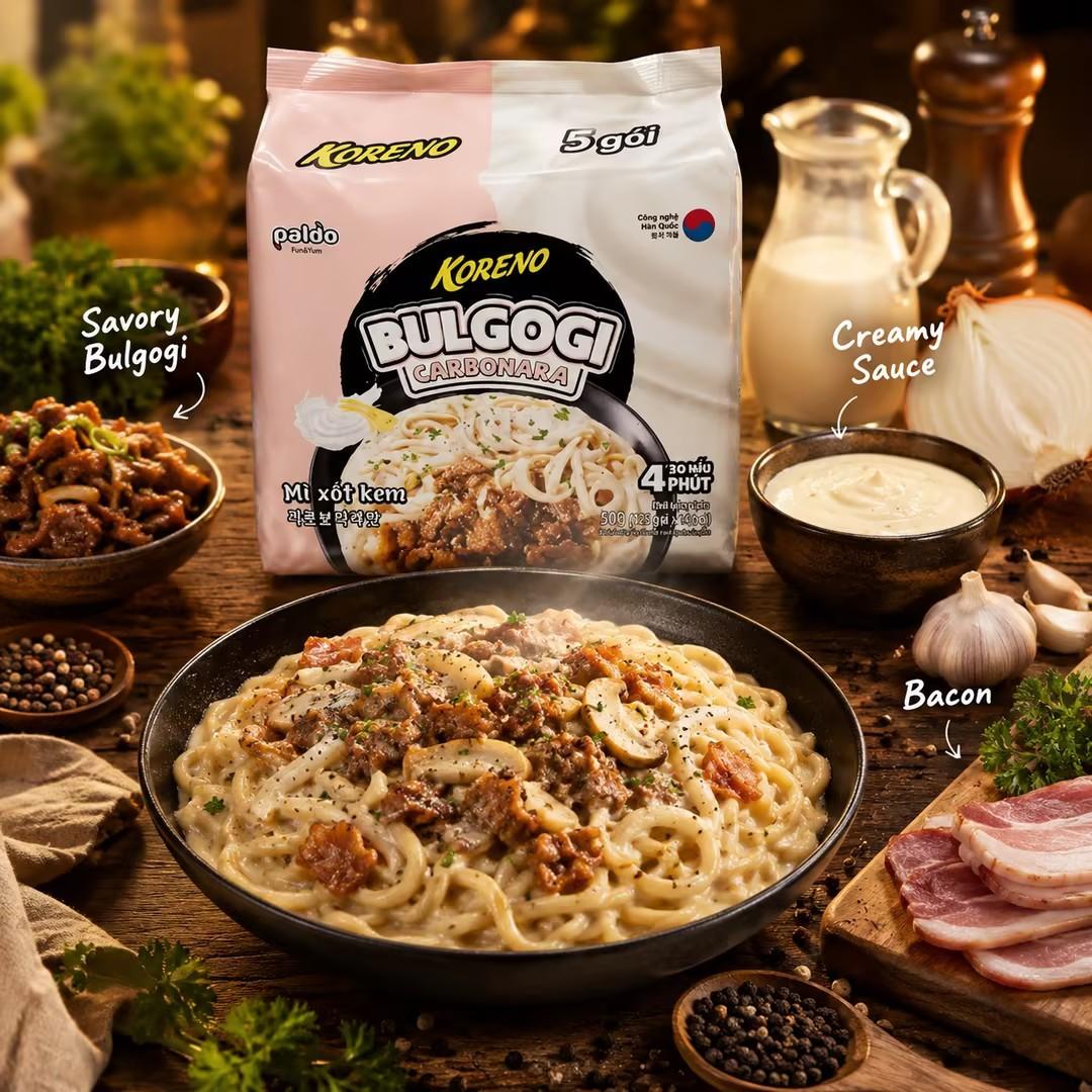 PALDO Creamy Bacon Stir Noodle Multi Pack 100g*5pcs | Silky creamy bacon sauce, springy chewy noodles, practical multi-pack