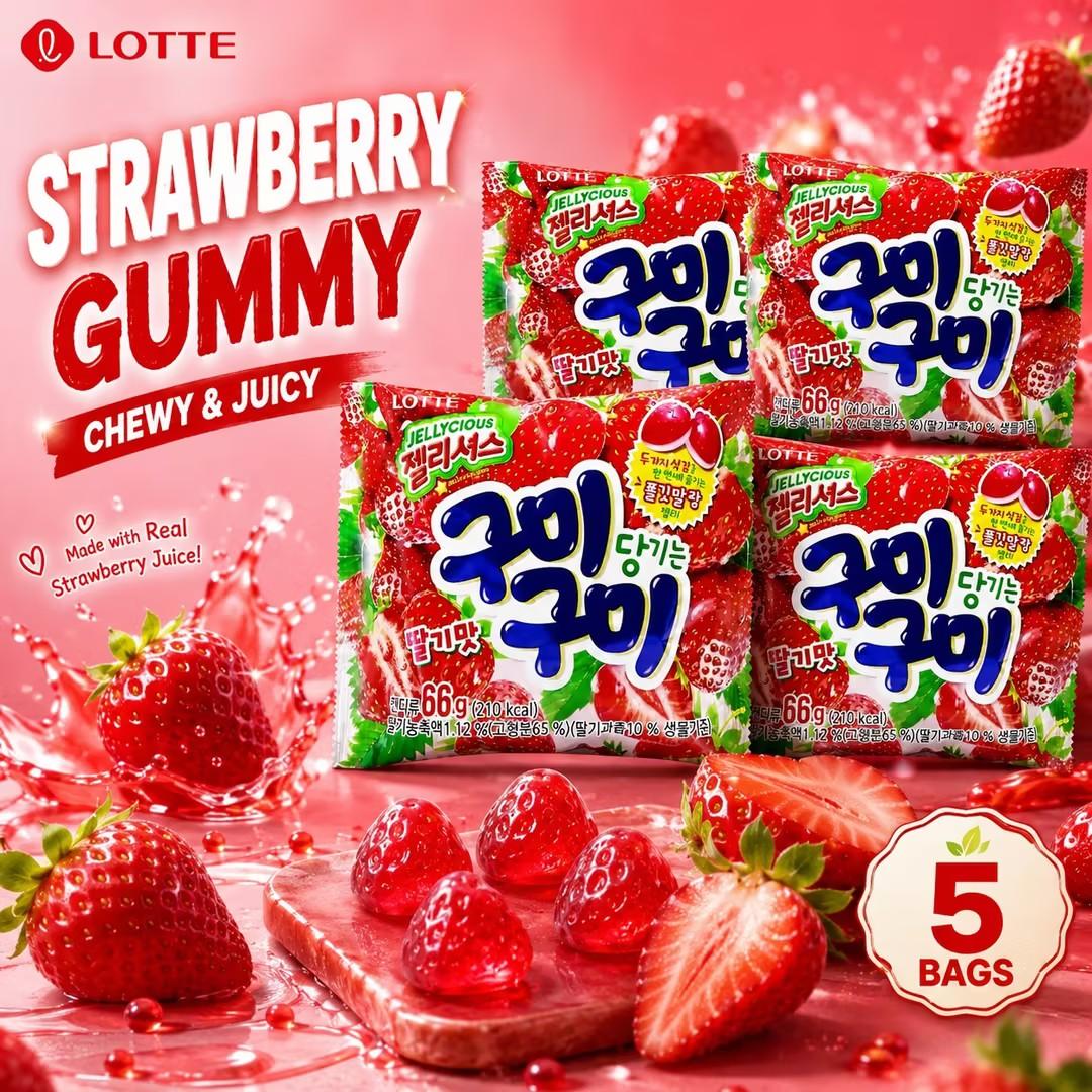 Lotte Strawberry Flavored Soft Candies 66g 5pcs | Rich Strawberry Flavor, Chewy Texture, Convenient Snack