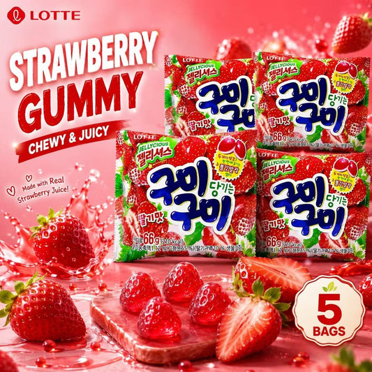 Lotte Strawberry Flavored Soft Candies 66g 5pcs | Rich Strawberry Flavor, Chewy Texture, Convenient Snack