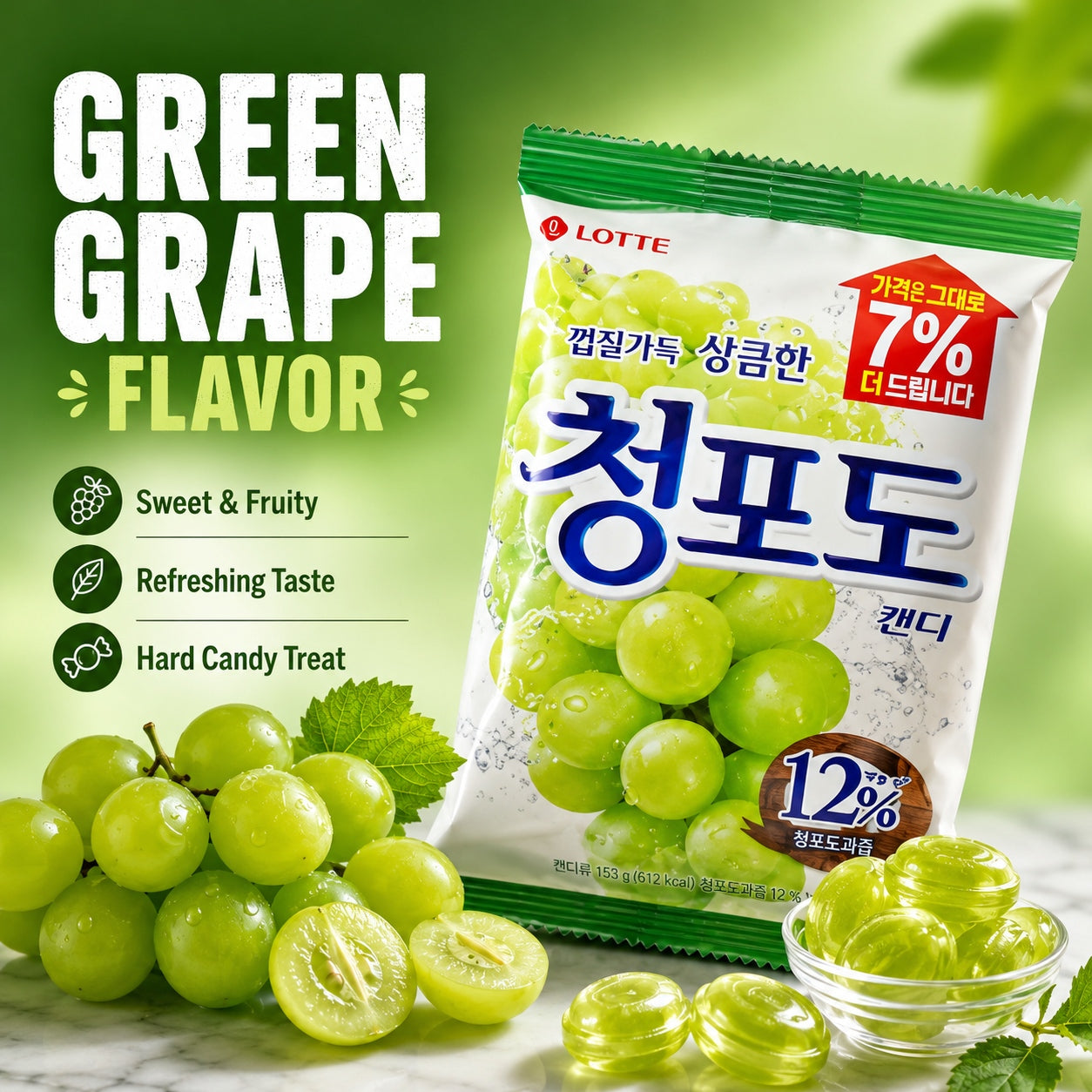 Lotte Green Grape Flavored Hard Candies 153g | Rich Green Grape Flavor, Sweet Taste, Convenient Snack