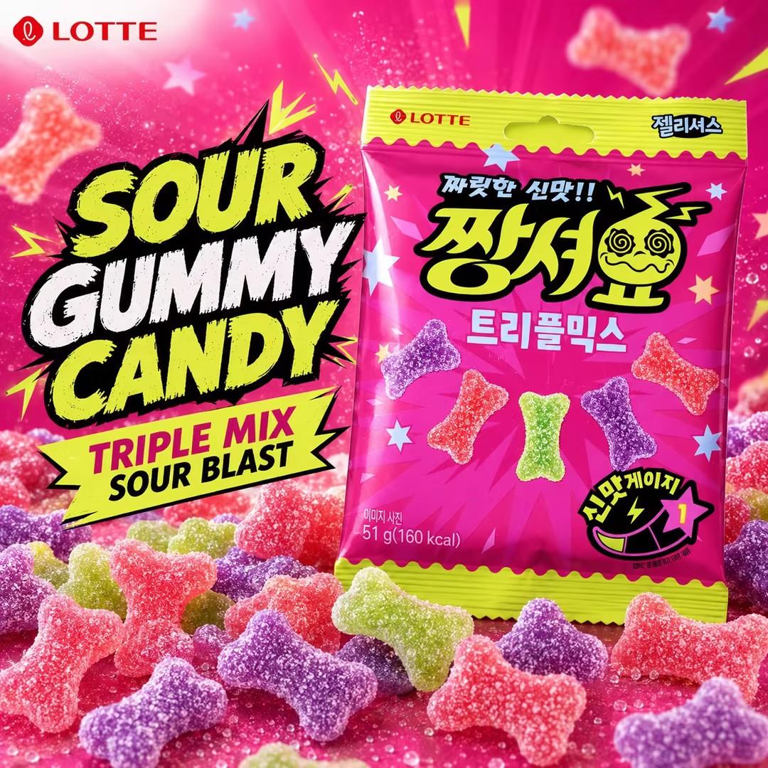 Lotte Sour Gummy Candy 51g | Chewy bouncy texture, tangy sour fruity flavor, refreshing taste