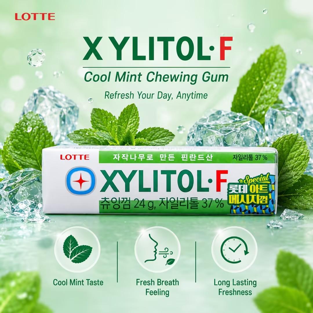 Lotte Green Xylitol Chewing Gum 24g Cool mint taste, xylitol composition, delivers fresh‑breath feeling