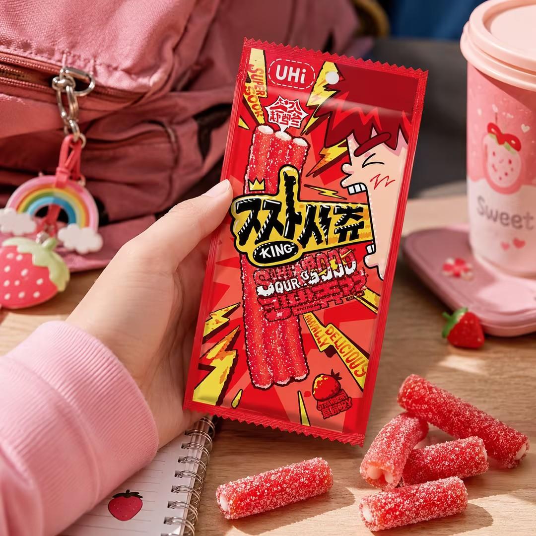 YEM Strawberry Sour Strip Gummy Candy 2pcs | Sour-sweet strawberry flavor, chewy texture, sour sugar outer coating