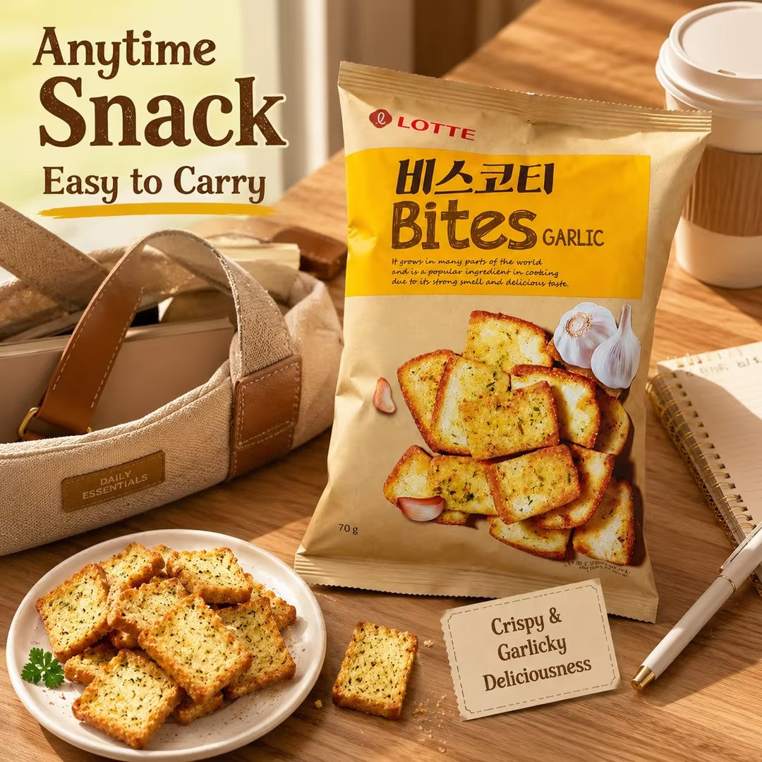 Lotte Garlic‑Flavored Baked Bread Chips 70g garlic flavor,crispy,baked snacks