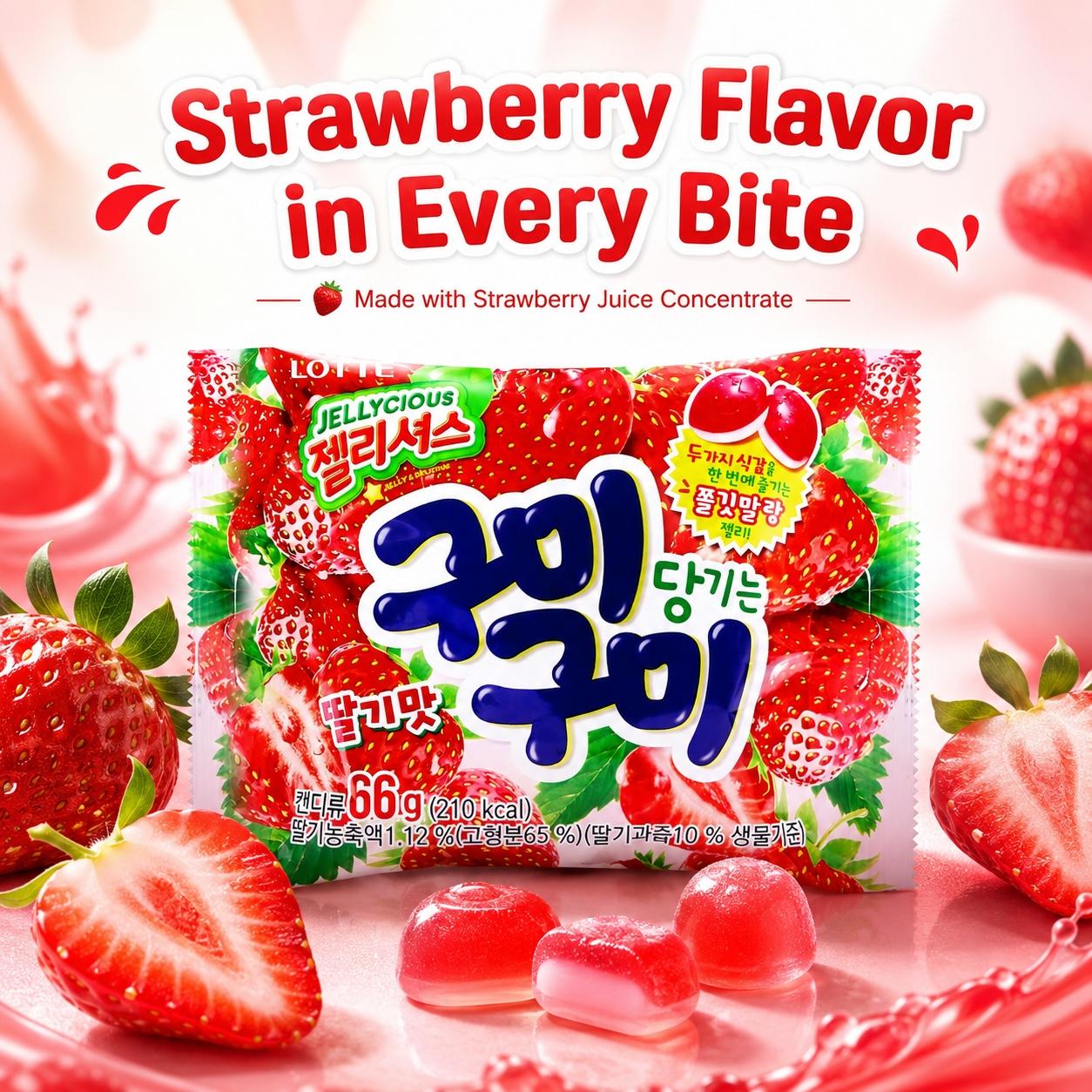 Lotte Strawberry Flavored Soft Candies 66g 5pcs | Rich Strawberry Flavor, Chewy Texture, Convenient Snack