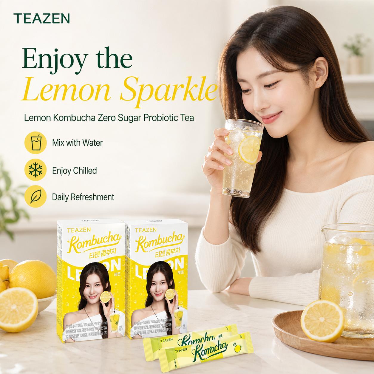 Teazen Lemon Kombucha Zero Sugar Probiotic Tea 10 Sticks Each 2 Boxes