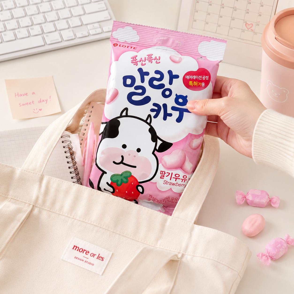 Lotte Cow‑Shaped Strawberry‑Milk Flavor Aerated Chewy Candy 63g