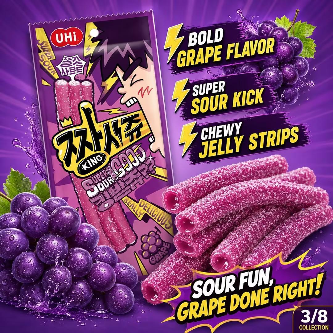 YEM Grape Sour Strip Gummy Candy*6pcs | Tangy sweet grape taste, soft chewy texture, sour outer coating