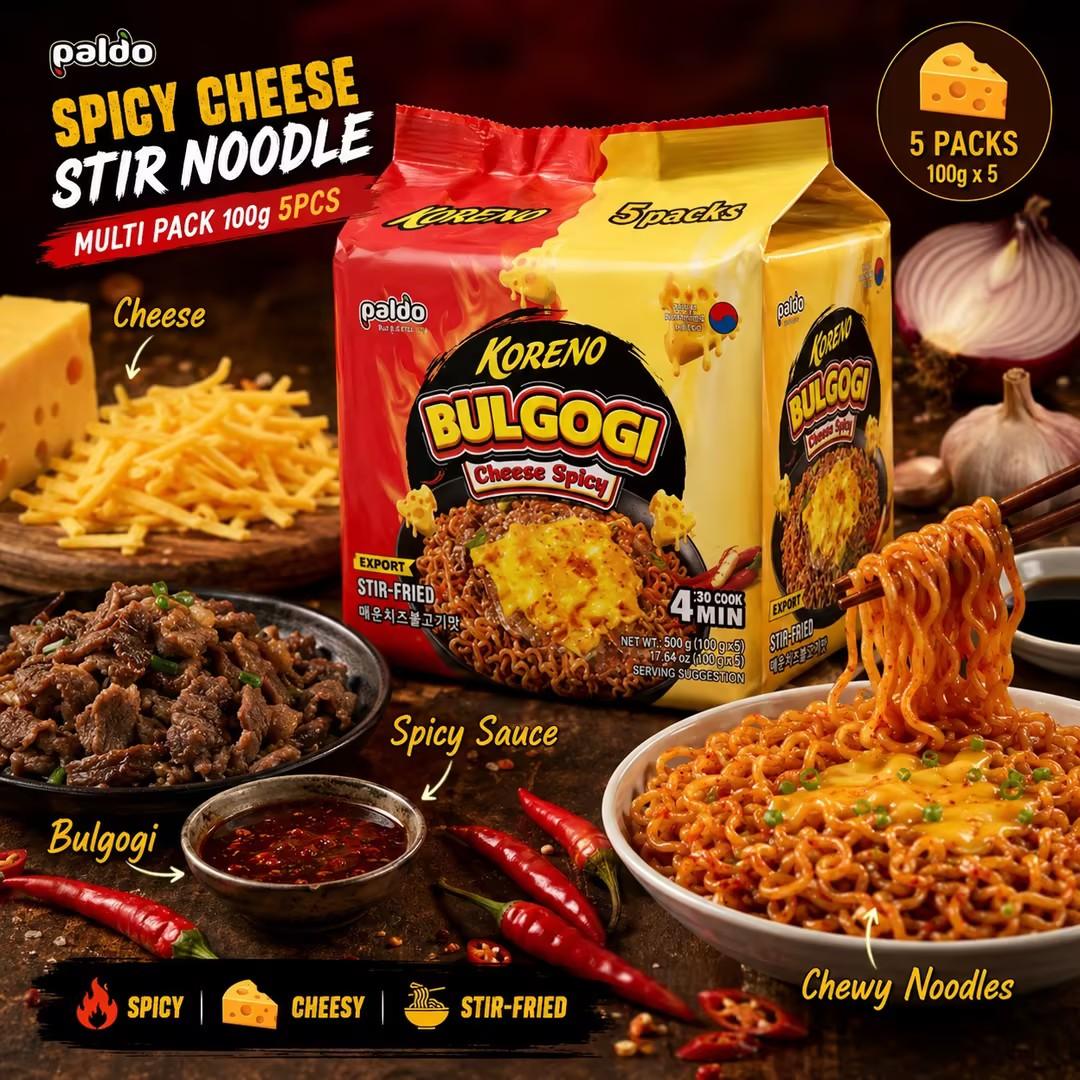 PALDO Spicy Cheese Stir Noodle Multi Pack 100g*5pcs | Creamy spicy cheese sauce, chewy noodles, portable multi-pack
