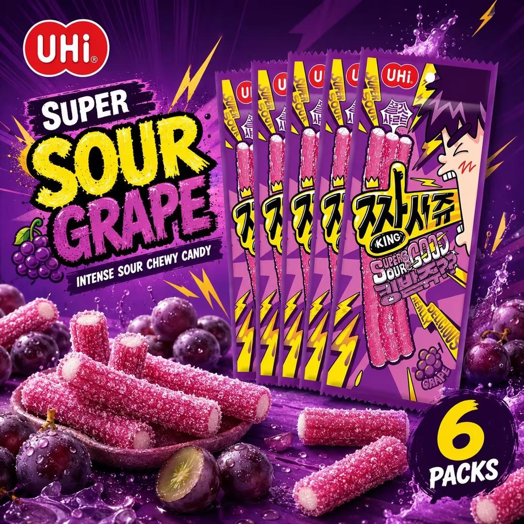 YEM Grape Sour Strip Gummy Candy*6pcs | Tangy sweet grape taste, soft chewy texture, sour outer coating