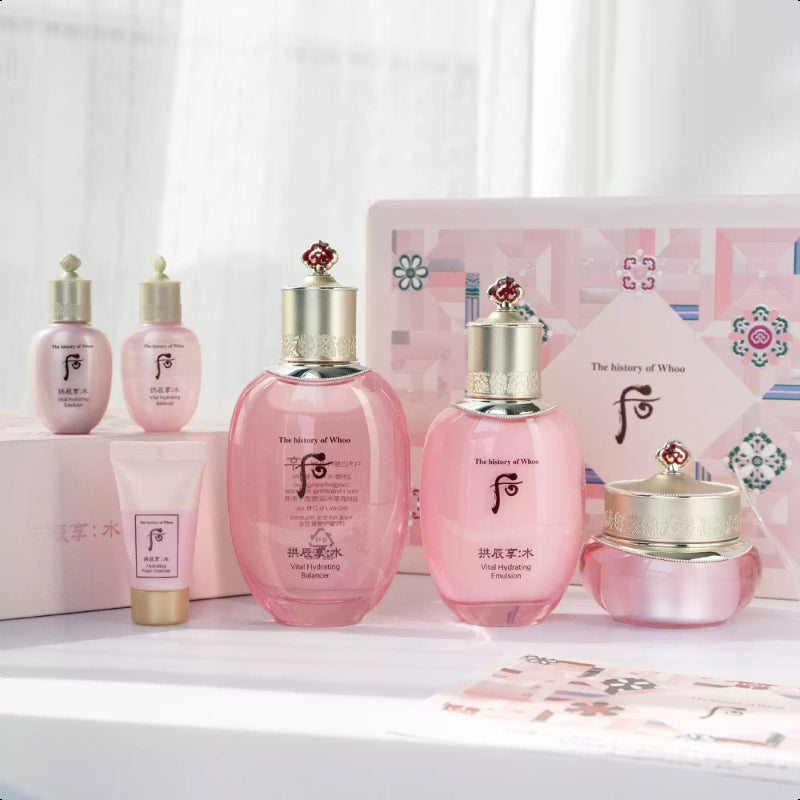 The History of Whoo Gongjinhyang Soo Vital Hydrating Special Set essence(150ml + 20ml), Emulsion (110ml+20ml), Cream (20ml) & Foam Cleanser (40ml)