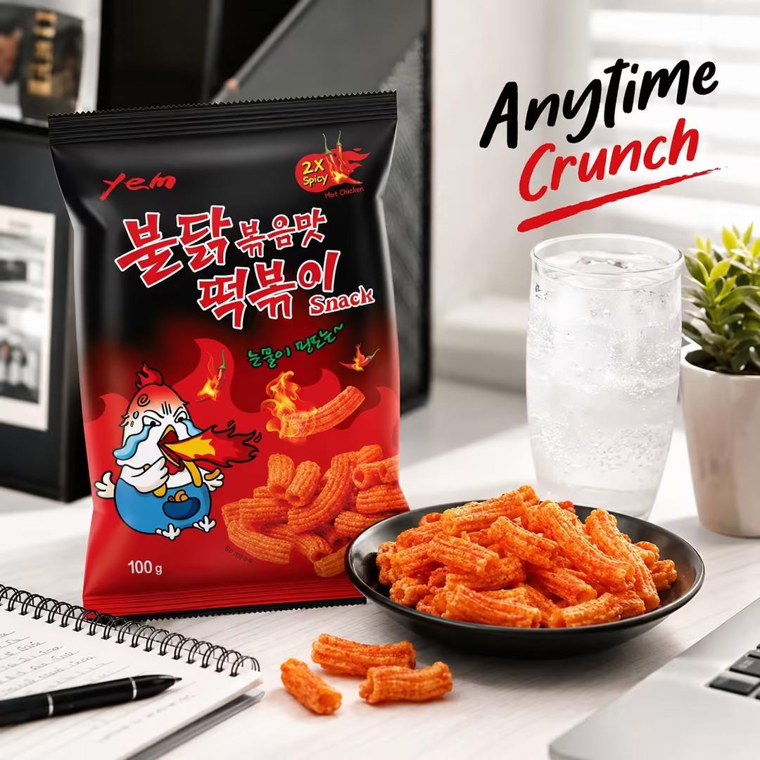 YEM Hot Spicy Chicken Rice Cake Strips Puffed Snack 100g | Bold spicy taste, crisp puffed texture, slender strip shape