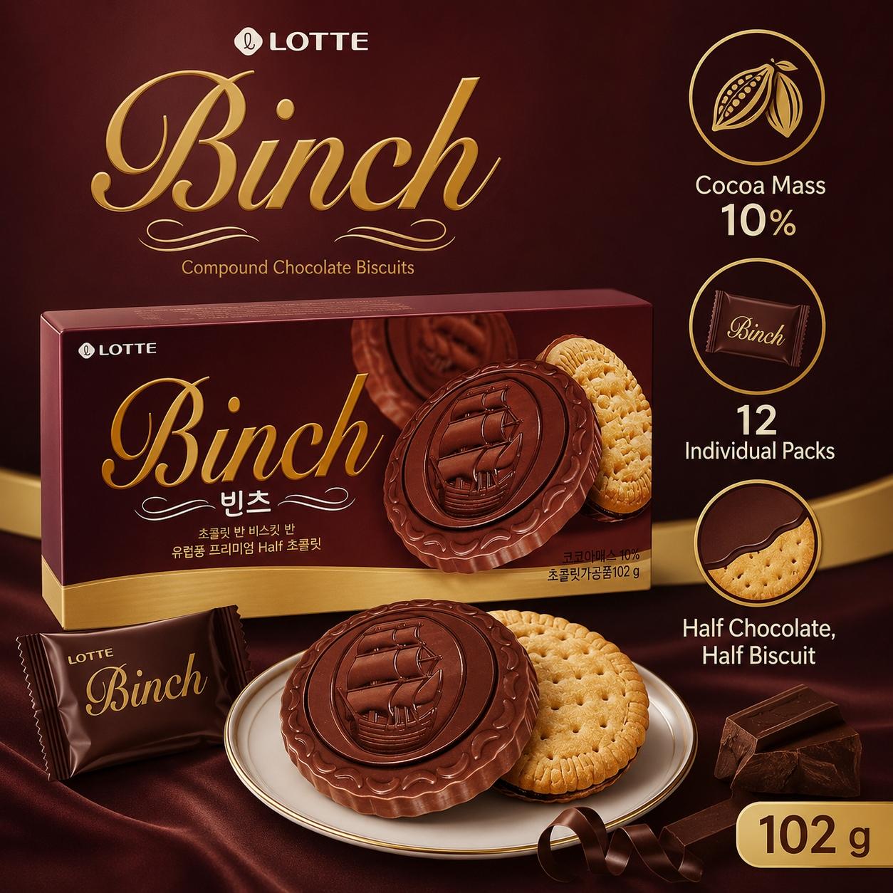 Lotte Binch Compound Chocolate Biscuits 102g | Crispy Biscuit Texture, Rich Chocolate Flavor, Convenient Snack