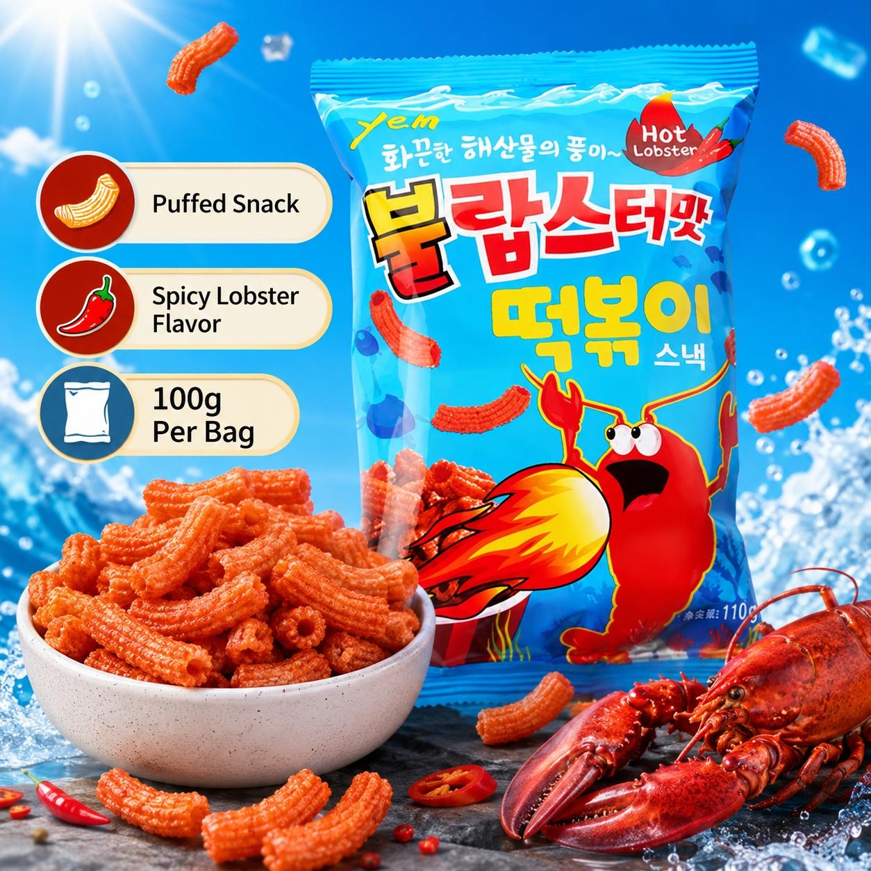 YEM Spicy Lobster Flavor Rice Cake Stick Puffed Snacks 100g | Crispy Crunchy Texture, Spicy Savory Flavor, Convenient Snack