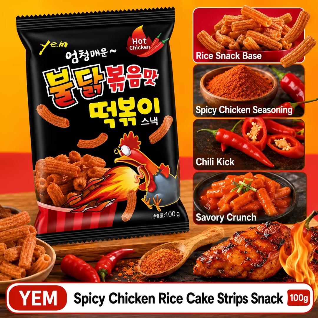YEM Spicy Chicken Rice Cake Strips Snack 100g | Rich spicy chicken flavor, crispy puffed texture, chewy strip shape