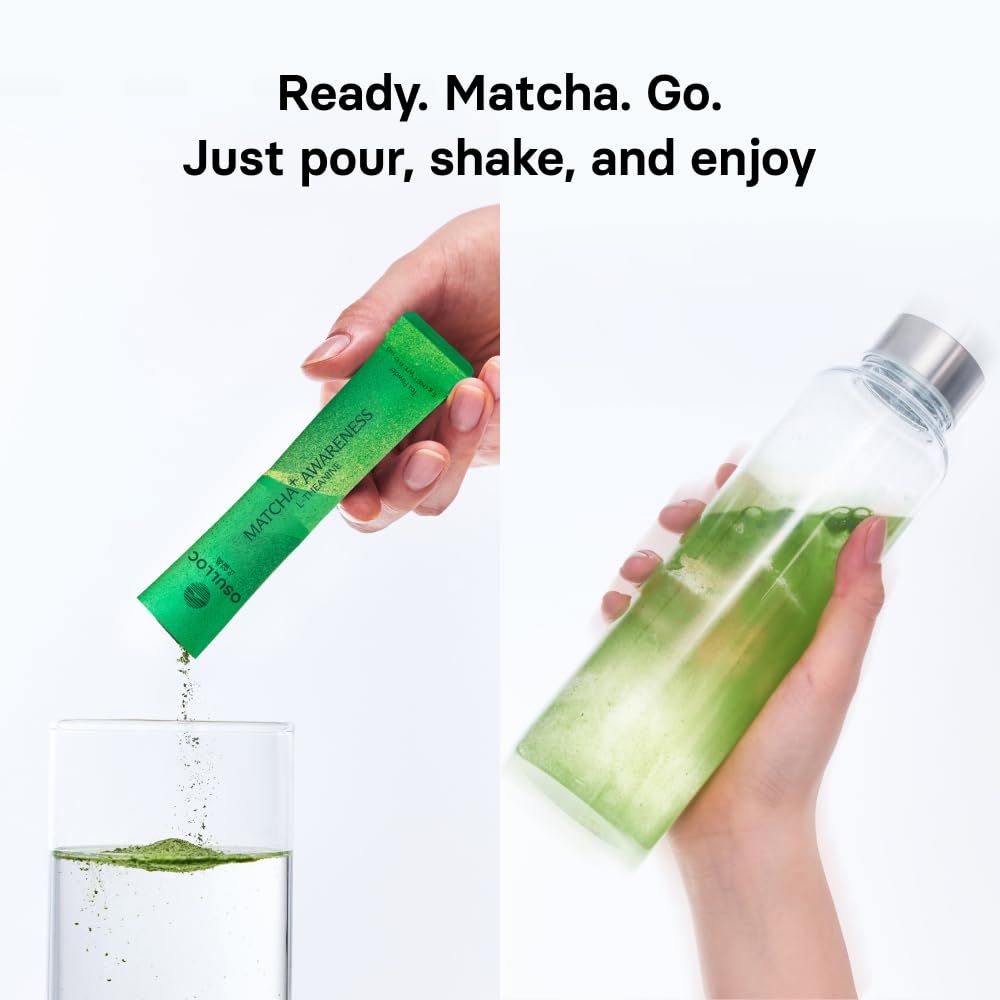 OSULLOC MATCHA+ AWARENESS Tea Powder 10 Sticks(5g each), Ceremonial Grade Matcha with L-Theanine, 50g