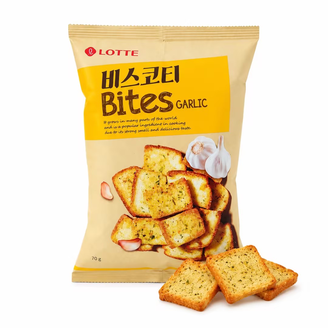 Lotte Garlic‑Flavored Baked Bread Chips 70g garlic flavor,crispy,baked snacks