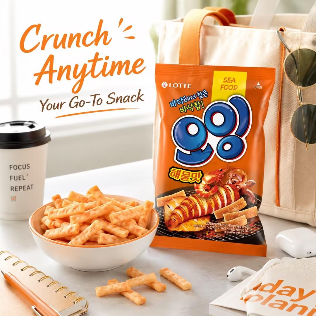Lotte Squid‑Shrimp Crisp Sticks 75g  Crispy puffed snack with rich umami seafood flavour