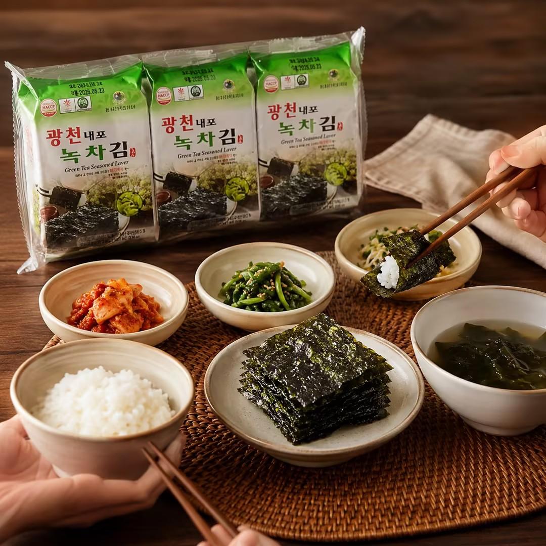 TAEKYUNG Green Tea Seasoned Laver 4g*3pcs | Mild fresh green tea aroma, thin crisp texture, light savory seaweed taste