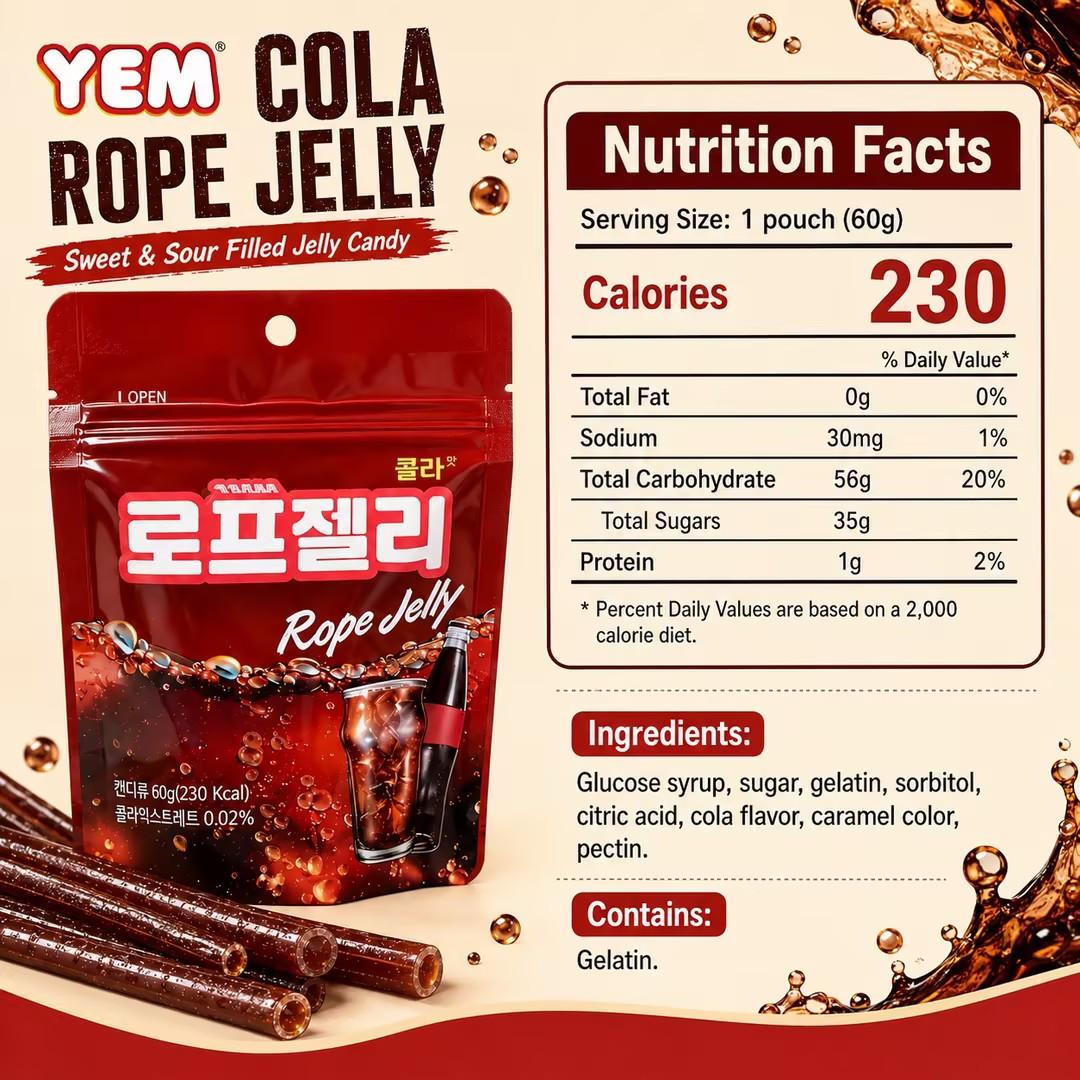 YEM Cola Flavored Long Strip Candy 60g | Refreshing bubbly cola flavor, chewy elastic texture, slim strip shape