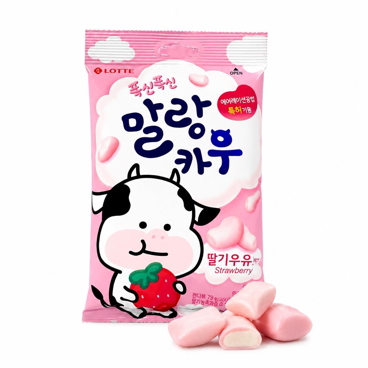 Lotte Cow‑Shaped Strawberry‑Milk Flavor Aerated Chewy Candy 63g