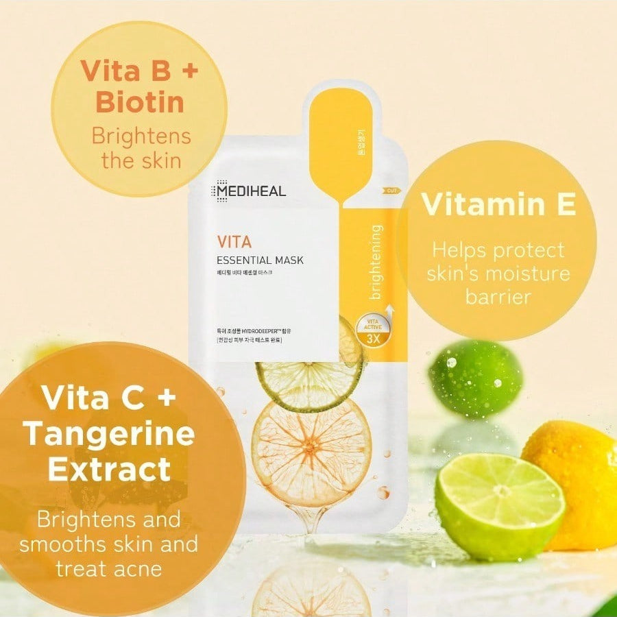 MEDIHEAL Best Korean Sheet Mask - Vita Essential Face Mask 10 Sheets Vitamin Mask For All Skin Types Smoothing Tightening Toning Up Brightening