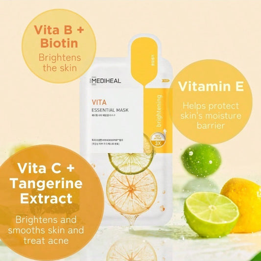 MEDIHEAL Best Korean Sheet Mask - Vita Essential Face Mask 10 Sheets Vitamin Mask For All Skin Types Smoothing Tightening Toning Up Brightening