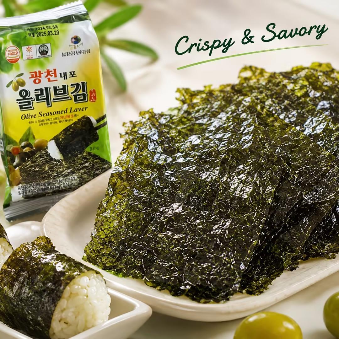 TAEKYUNG Olive Oil Seasoned Laver 4g*3pcs | Rich olive oil aroma, thin crisp texture, mild savory seaweed taste