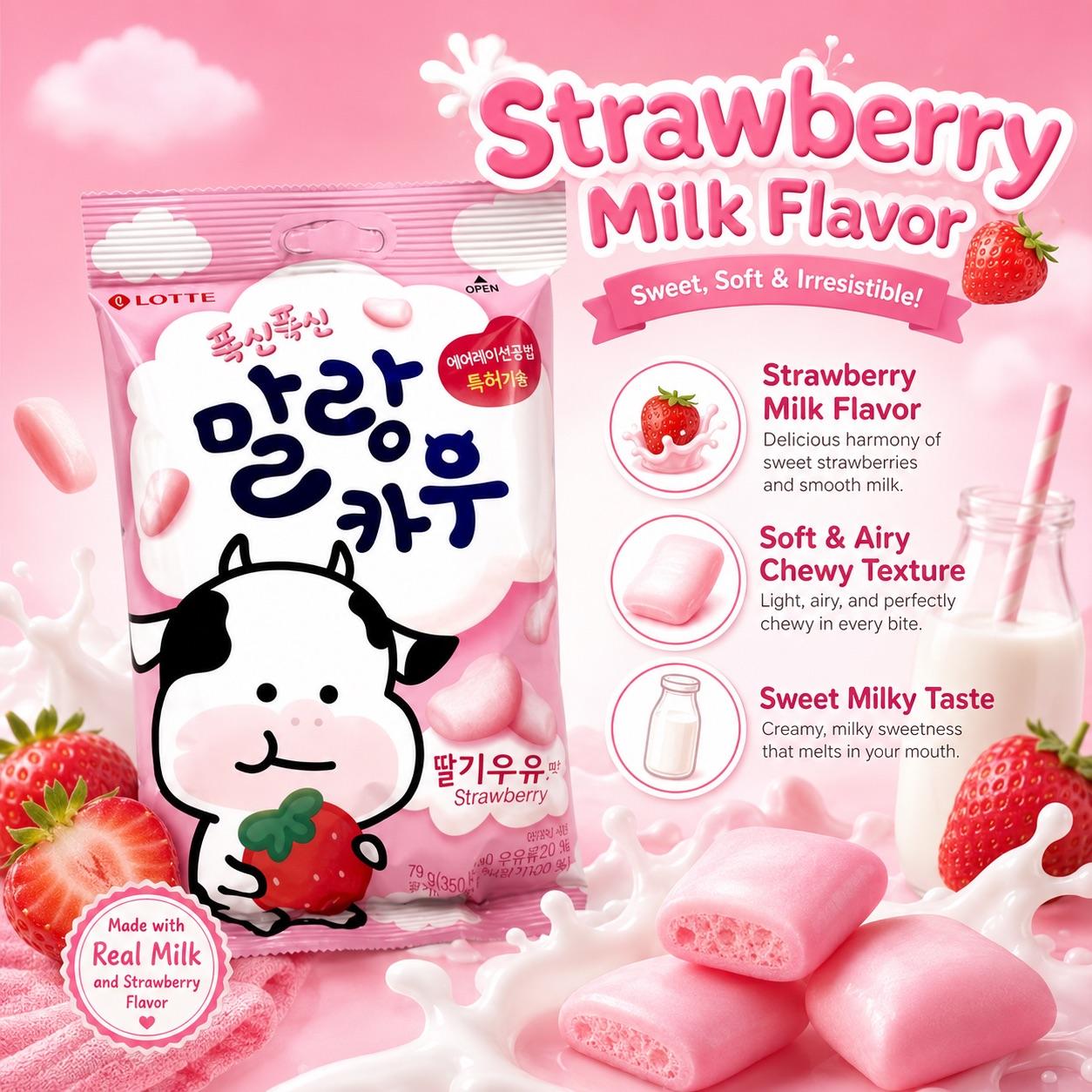 Lotte Cow‑Shaped Strawberry‑Milk Flavor Aerated Chewy Candy 63g