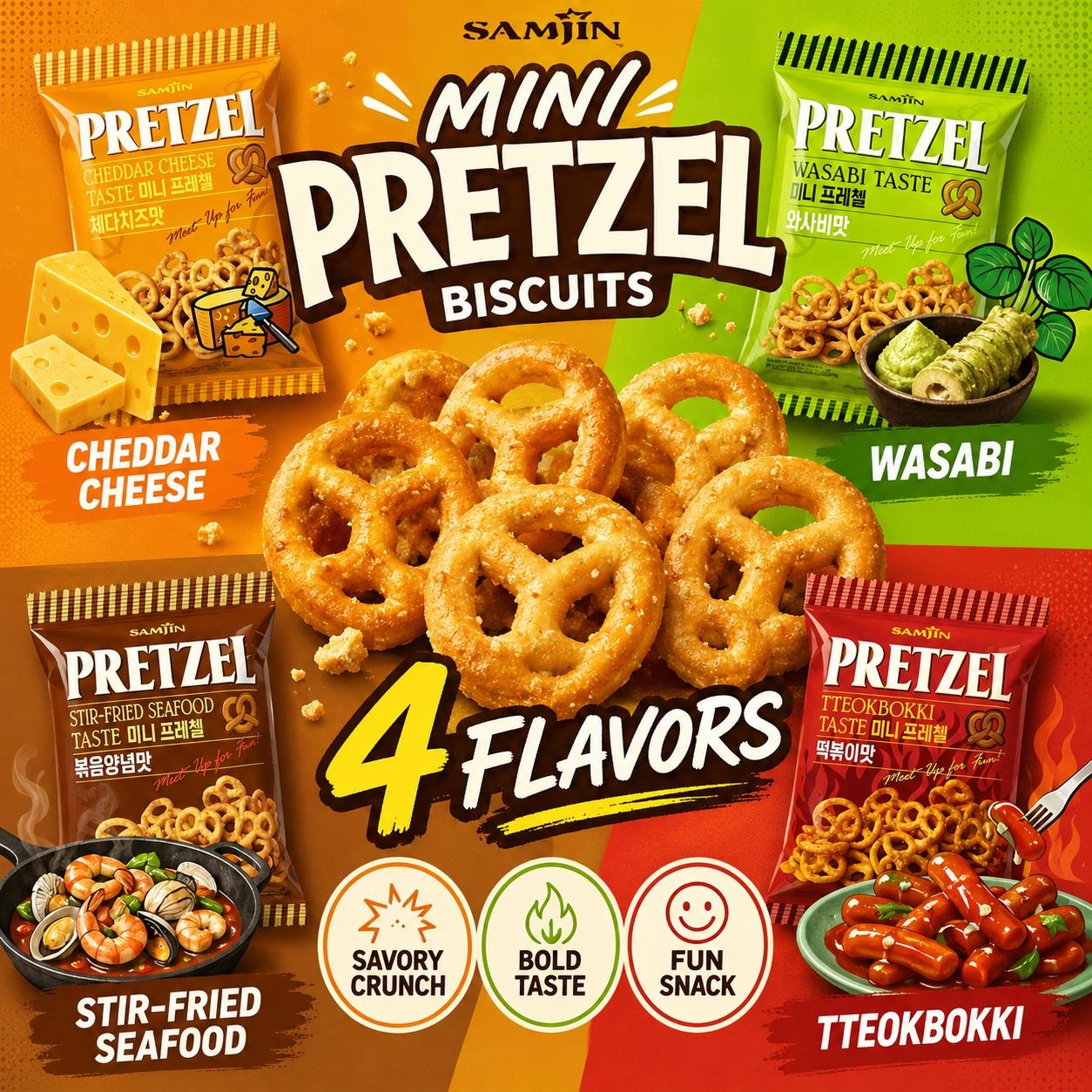 SAMJIN Mini Pretzel Biscuits 70g, 4 flavors | Crispy Crunchy Texture, Rich Flavor, Convenient Snack