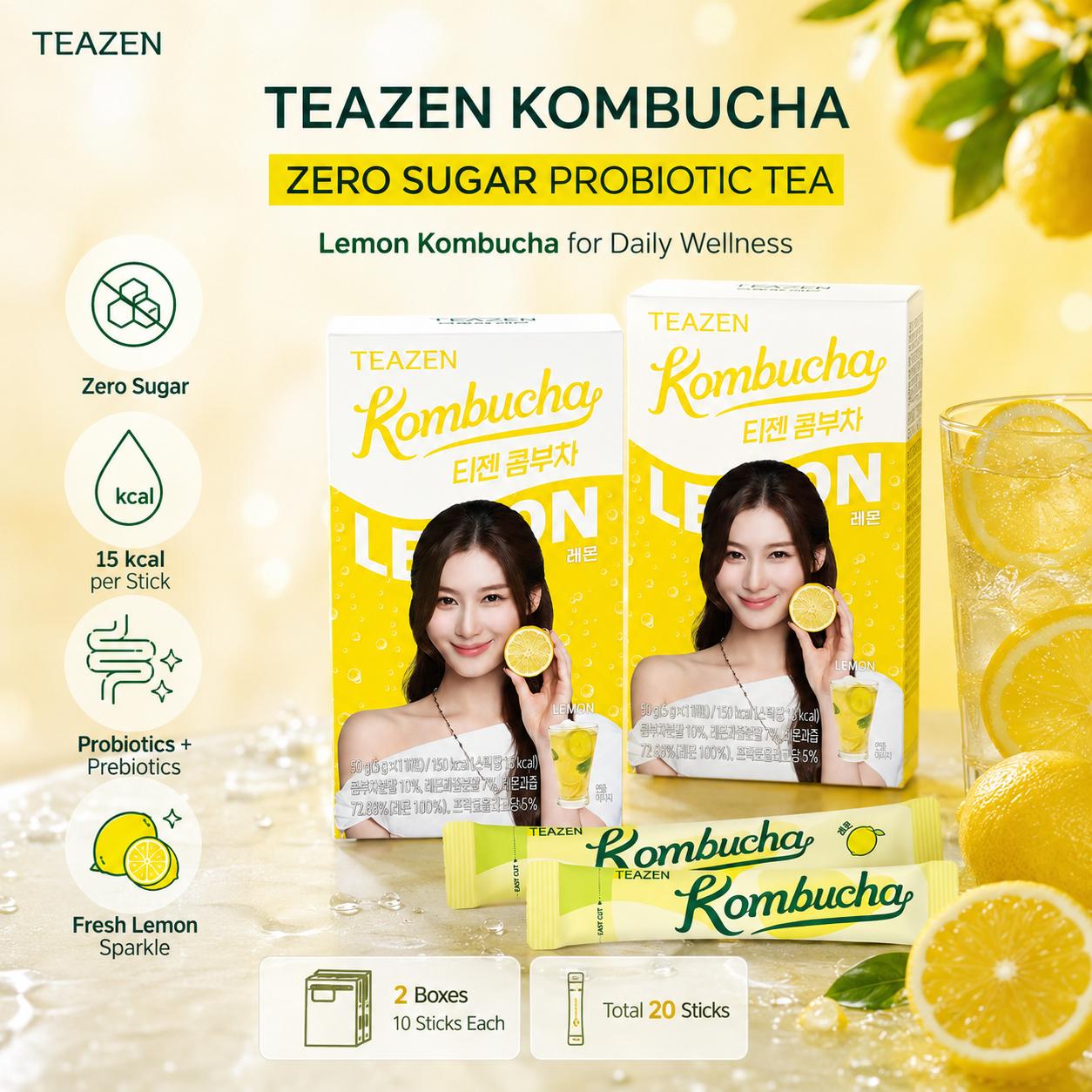 Teazen Lemon Kombucha Zero Sugar Probiotic Tea 10 Sticks Each 2 Boxes