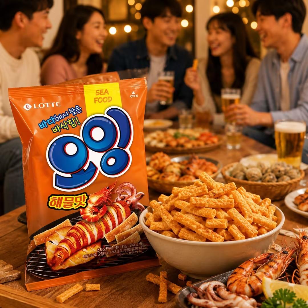 Lotte Squid‑Shrimp Crisp Sticks 75g  Crispy puffed snack with rich umami seafood flavour