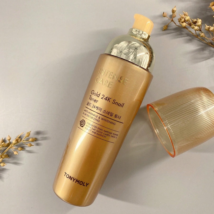 TONYMOLY Intense Care Gold 24K Snail Toner 140ml / 4.73 Fl.Oz/Intense Care Gold 24K Snail Serum 35ml / 1.18 Oz  – Hydrating & Anti-Aging Facial Toner, Snail Mucin & 24K Gold, Brightening, Firming, Nourishing, Smooth & Radiant Skin