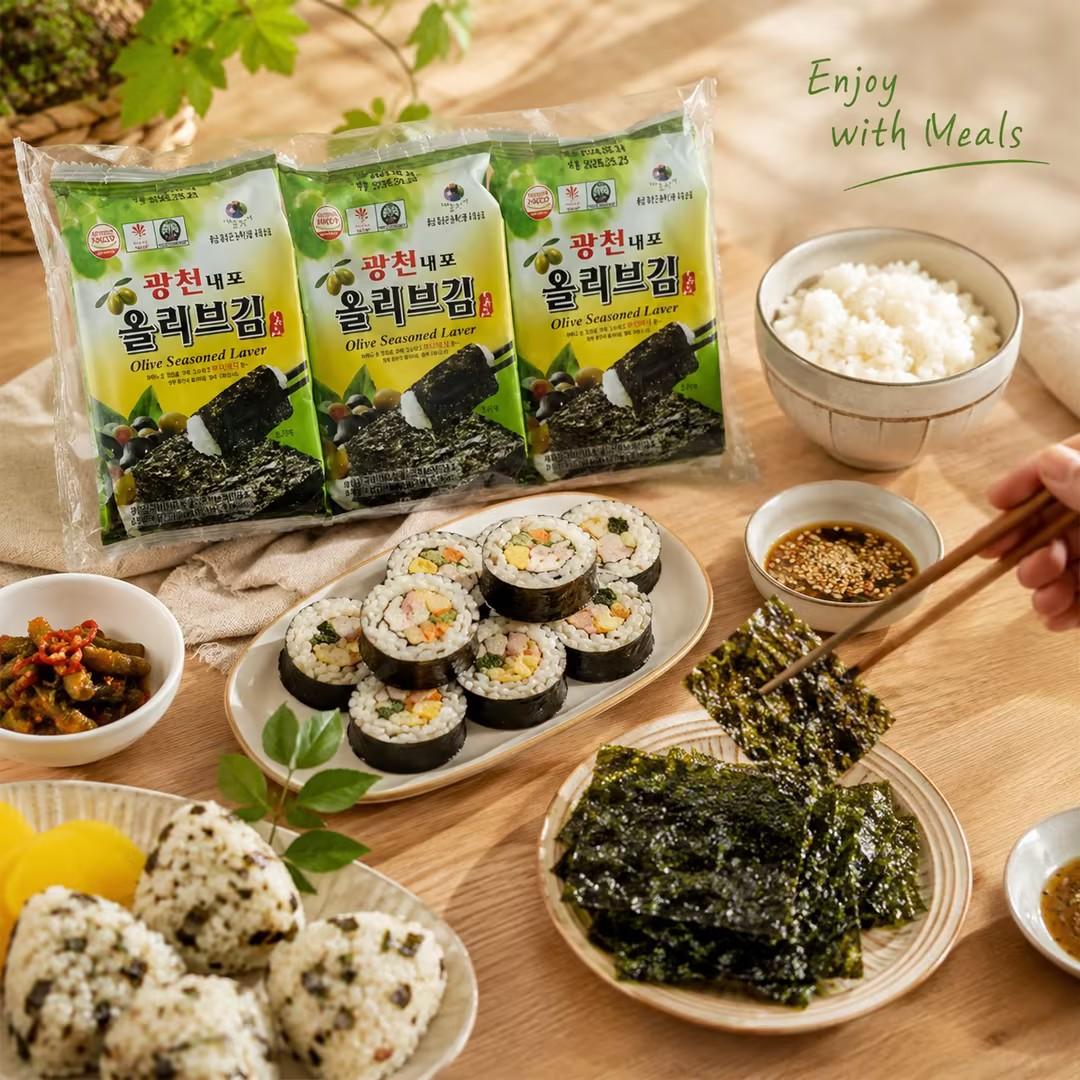TAEKYUNG Olive Oil Seasoned Laver 4g*3pcs | Rich olive oil aroma, thin crisp texture, mild savory seaweed taste