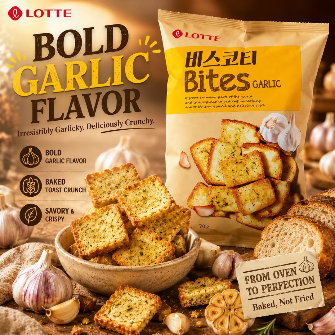 Lotte Garlic‑Flavored Baked Bread Chips 70g garlic flavor,crispy,baked snacks