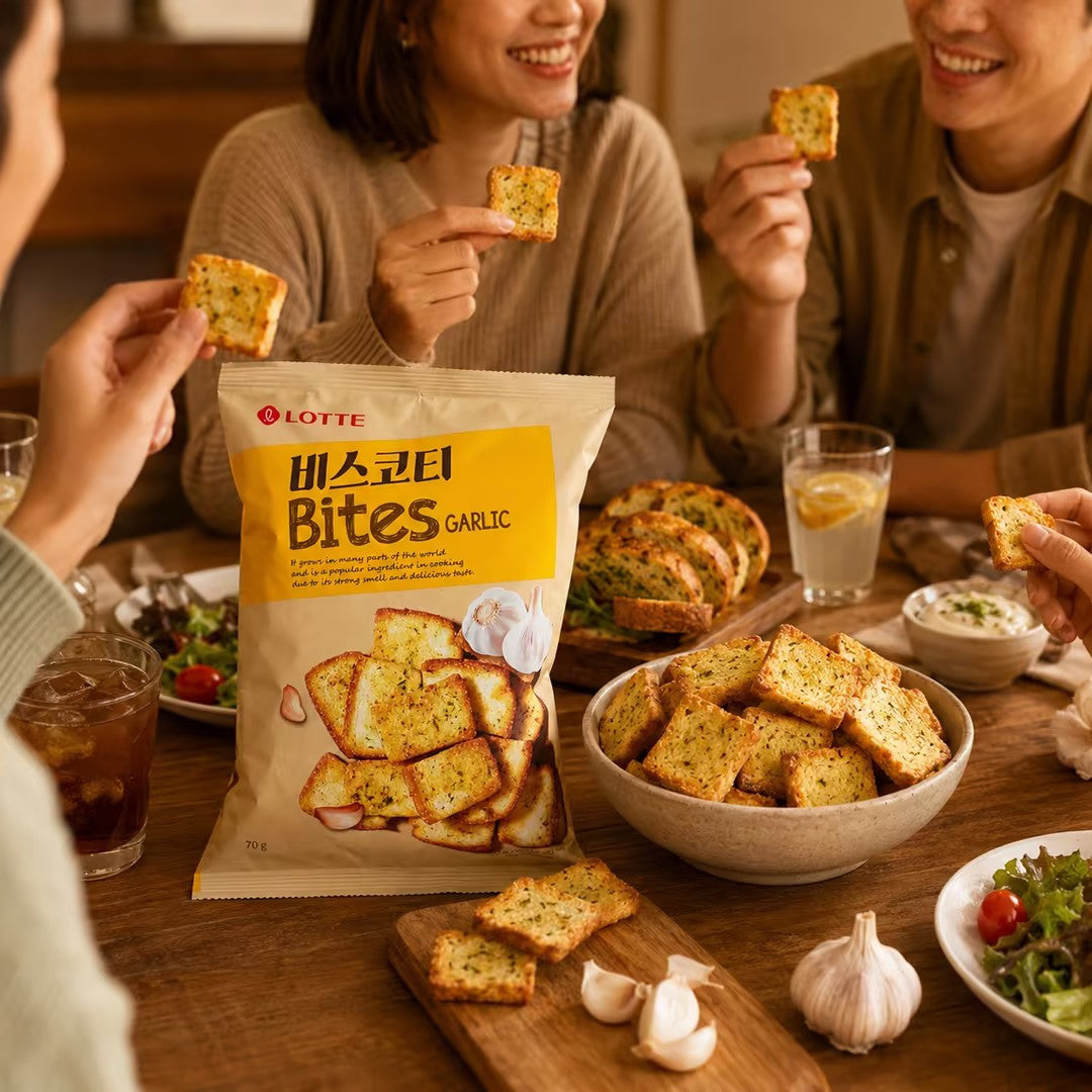 Lotte Garlic‑Flavored Baked Bread Chips 70g garlic flavor,crispy,baked snacks