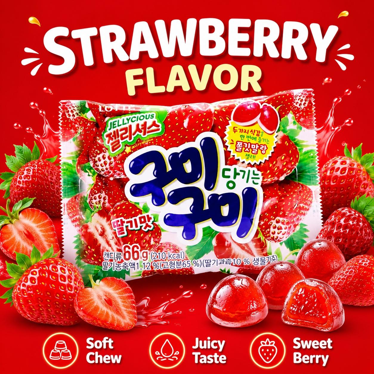 Lotte Strawberry Flavored Soft Candies 66g 5pcs | Rich Strawberry Flavor, Chewy Texture, Convenient Snack