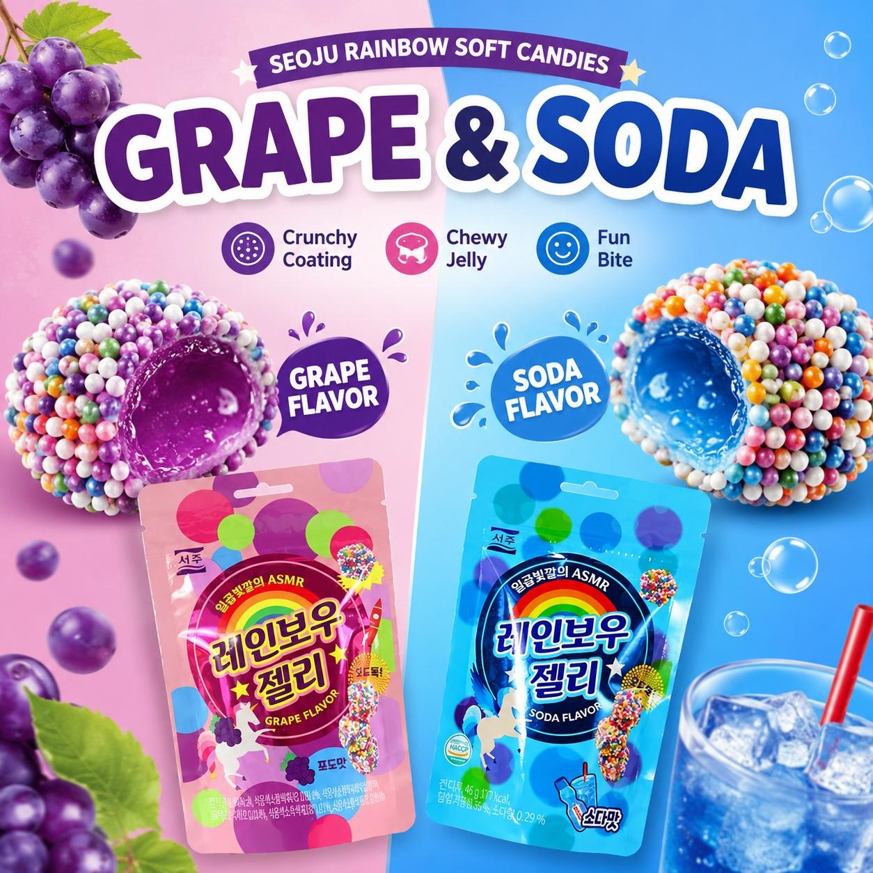 SEOJU Rainbow Soft Candies 46g, 2 flavors | Rich Fruit Flavor, Chewy Colorful Texture, Convenient Snack