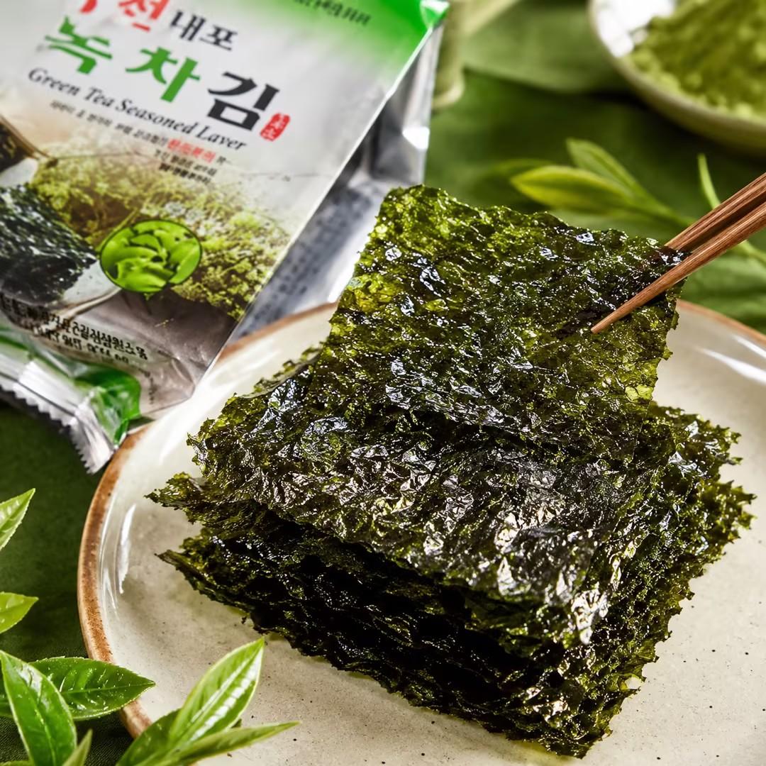 TAEKYUNG Green Tea Seasoned Laver 4g*3pcs | Mild fresh green tea aroma, thin crisp texture, light savory seaweed taste