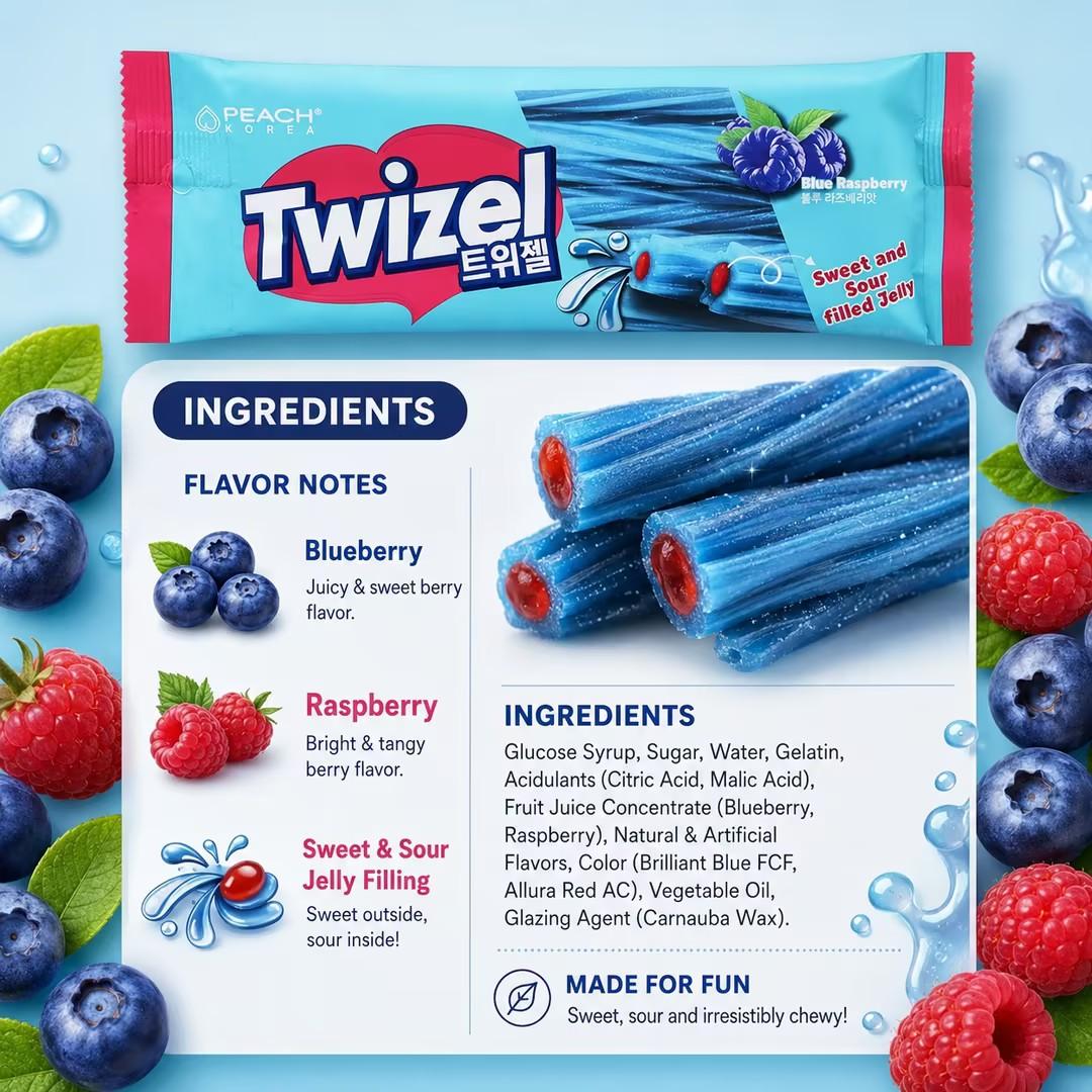 YEM Blueberry Raspberry Long Strip Filled Gummy Candy 70g | Sweet berry taste, bouncy gummy texture, rich fruit filling