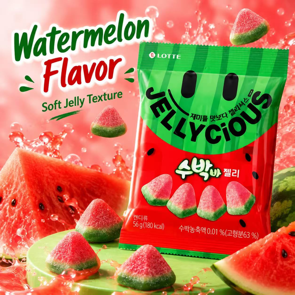 Lotte Watermelon Flavored Soft Candies 56g | Sweet Juicy Taste, Elastic Chewy Texture, Handy Small Pack