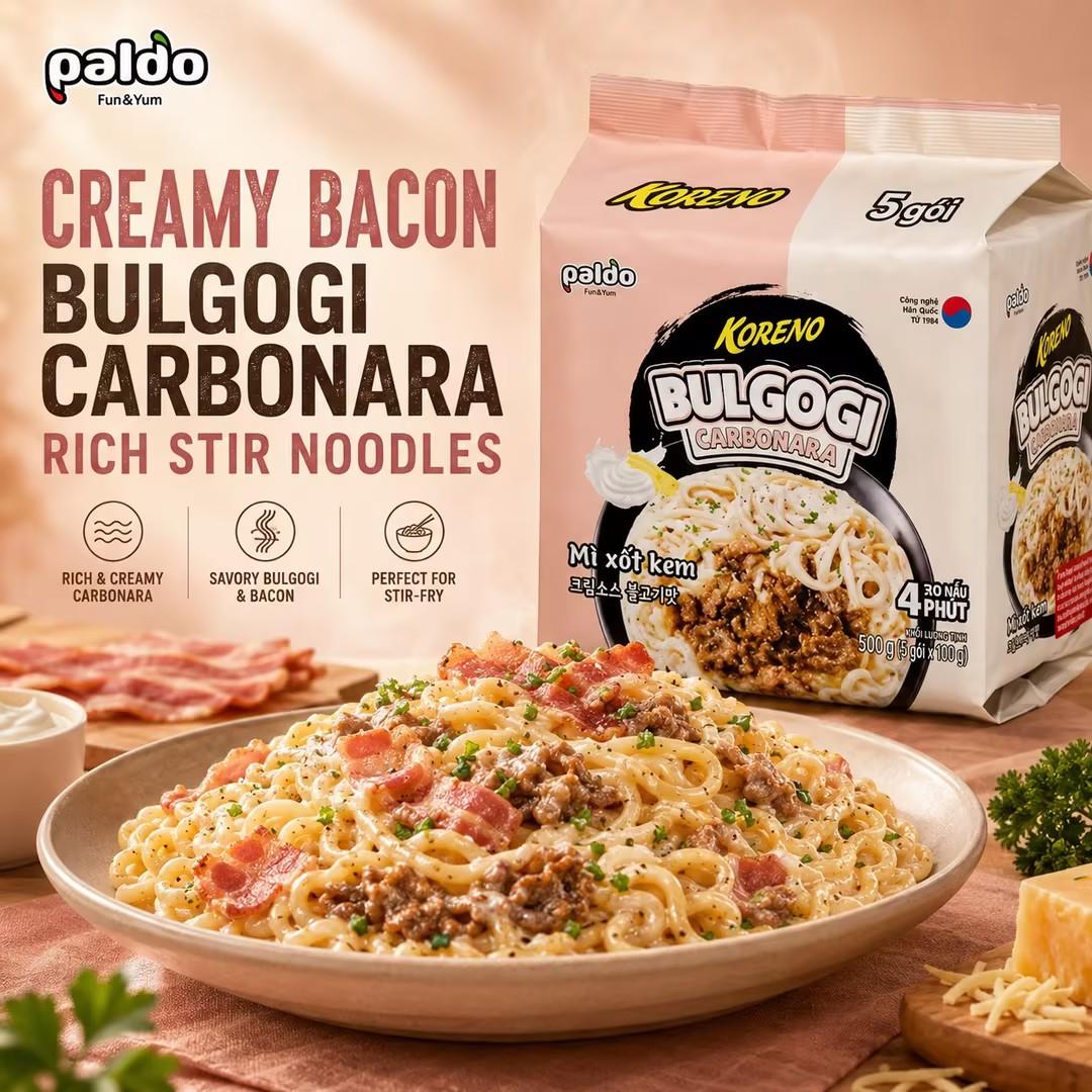 PALDO Creamy Bacon Stir Noodle Multi Pack 100g*5pcs | Silky creamy bacon sauce, springy chewy noodles, practical multi-pack