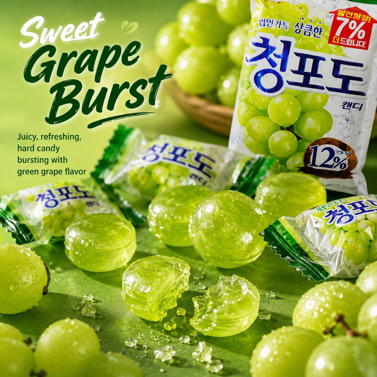 Lotte Green Grape Flavored Hard Candies 153g | Rich Green Grape Flavor, Sweet Taste, Convenient Snack