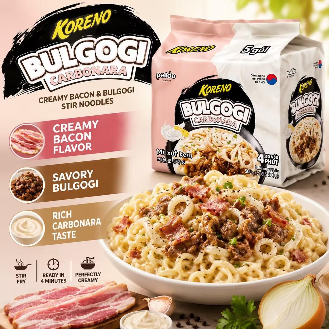 PALDO Creamy Bacon Stir Noodle Multi Pack 100g*5pcs | Silky creamy bacon sauce, springy chewy noodles, practical multi-pack