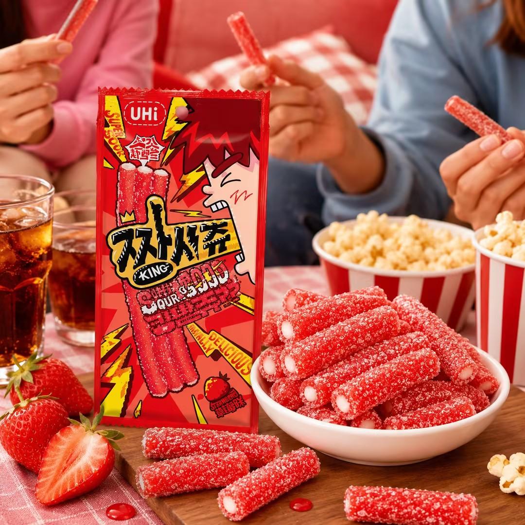 YEM Strawberry Sour Strip Gummy Candy 2pcs | Sour-sweet strawberry flavor, chewy texture, sour sugar outer coating