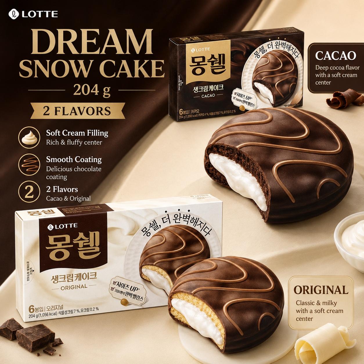 Lotte Dream Snow Cake 204g, 2 flavors | Soft Fluffy Texture, Rich Creamy Flavor, Convenient Snack
