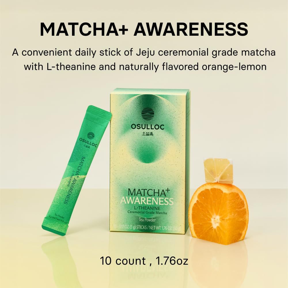 OSULLOC MATCHA+ AWARENESS Tea Powder 10 Sticks(5g each), Ceremonial Grade Matcha with L-Theanine, 50g