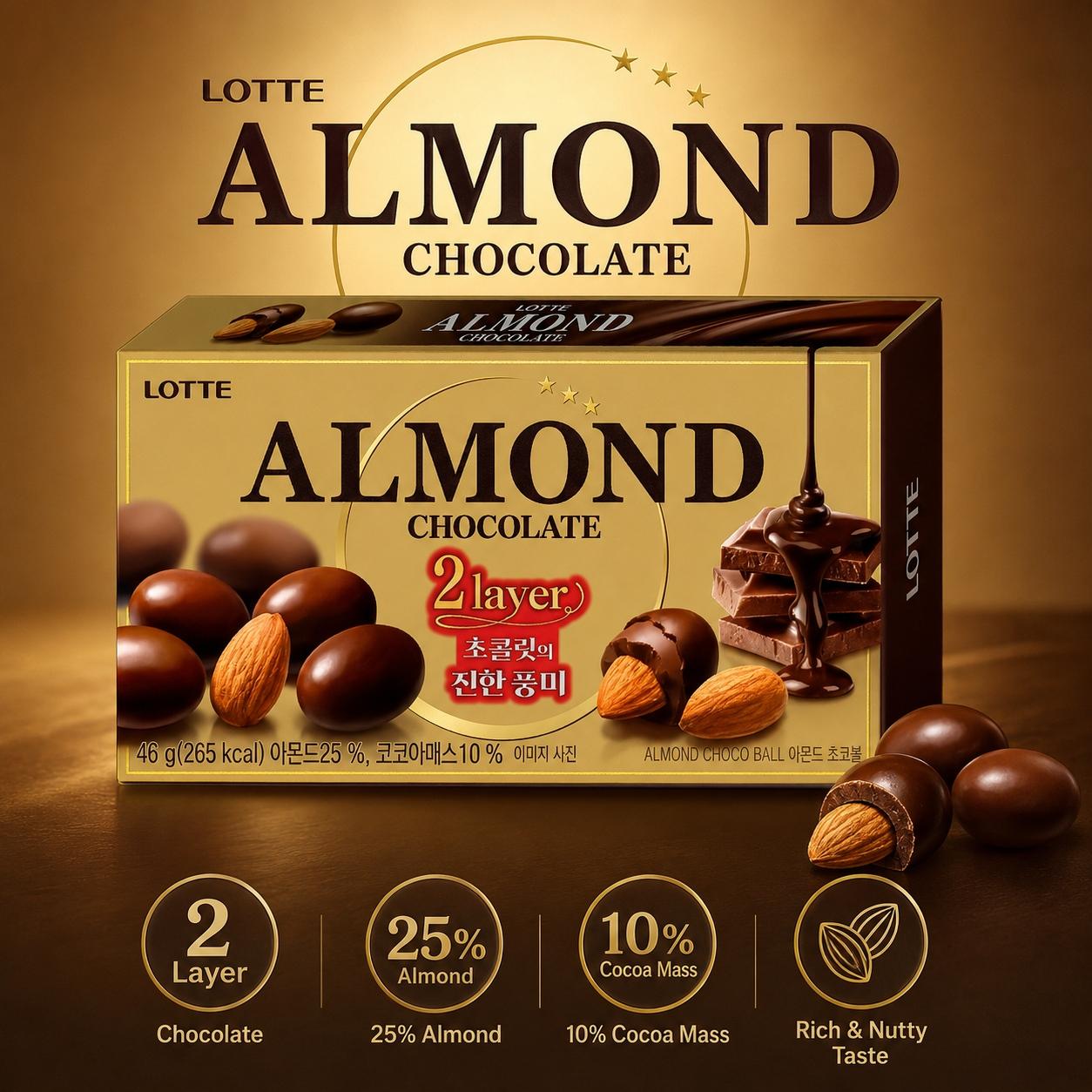 Lotte Almond Filled Chocolate Beans 46g | Rich Chocolate Flavor, Crispy Almond Filling, Convenient Snack