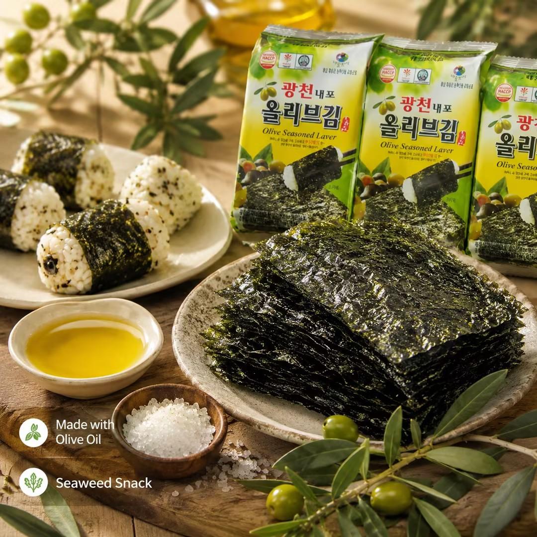 TAEKYUNG Olive Oil Seasoned Laver 4g*3pcs | Rich olive oil aroma, thin crisp texture, mild savory seaweed taste