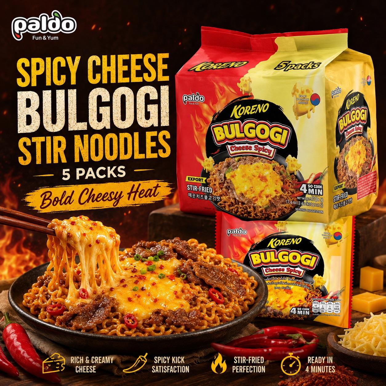 PALDO Spicy Cheese Stir Noodle Multi Pack 100g*5pcs | Creamy spicy cheese sauce, chewy noodles, portable multi-pack